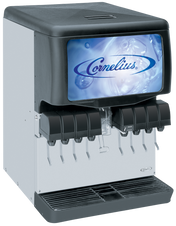 A commercial countertop dispenser soda fountain with six sanitary lever valves, a black top, and a blue display featuring the Cornelius logo over ice and water. The lower section includes a drip tray to catch spills.