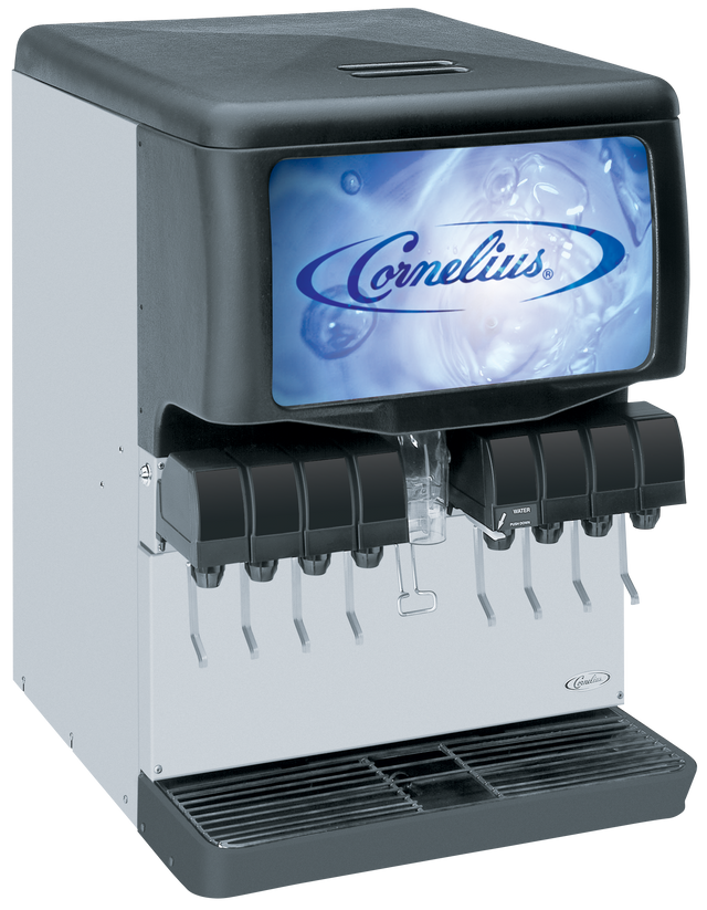 A commercial countertop dispenser soda fountain with six sanitary lever valves, a black top, and a blue display featuring the Cornelius logo over ice and water. The lower section includes a drip tray to catch spills.