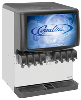 A commercial soda fountain machine with eight black sanitary lever valves. Mostly white with a black top, it features the Cornelius logo on a blue, watery front display and includes a drip tray at the base.
