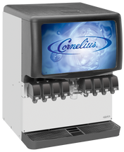 A silver and black Cornelius Enduro 200 ice and beverage dispenser with eight drink dispensers sits below a large display labeled “Cornelius” in blue script over water and bubbles. The machine features a vented panel at the bottom.