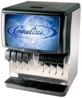 A commercial Cornelius Enduro 250 soda fountain machine on a blue background, featuring multiple black drink dispensers and levers for various beverages, plus a grated tray below. This countertop beverage dispenser is ideal for busy drink stations.