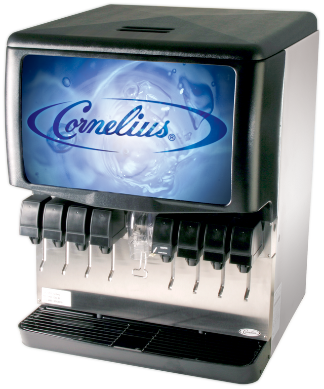 A commercial countertop beverage dispenser labeled “Cornelius” with a blue water splash graphic, featuring eight sanitary lever valves and a transparent ice chute above a drip tray. The Ice & Post-Mix Beverage Dispenser is black and stainless steel.