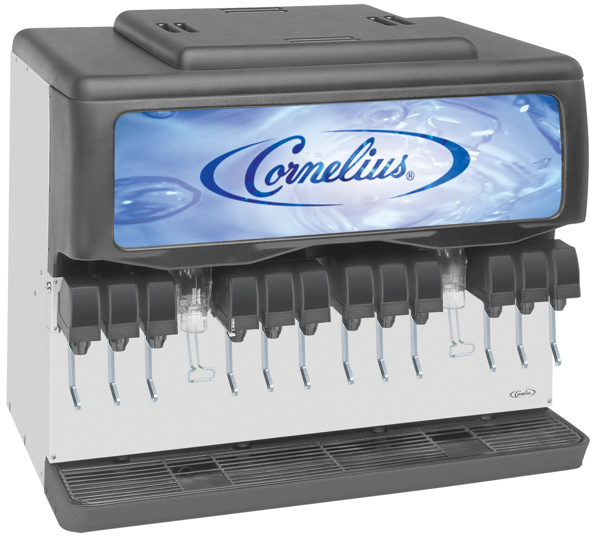 A commercial Ice & Post-Mix Beverage Dispenser, this Cornelius soda fountain machine has 12 drink dispensers, black levers, and a large illuminated blue sign with water bubbles above. The countertop beverage dispenser sits on a drip tray.