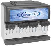 A commercial Ice & Post-Mix Beverage Dispenser, this Cornelius soda fountain machine has 12 drink dispensers, black levers, and a large illuminated blue sign with water bubbles above. The countertop beverage dispenser sits on a drip tray.
