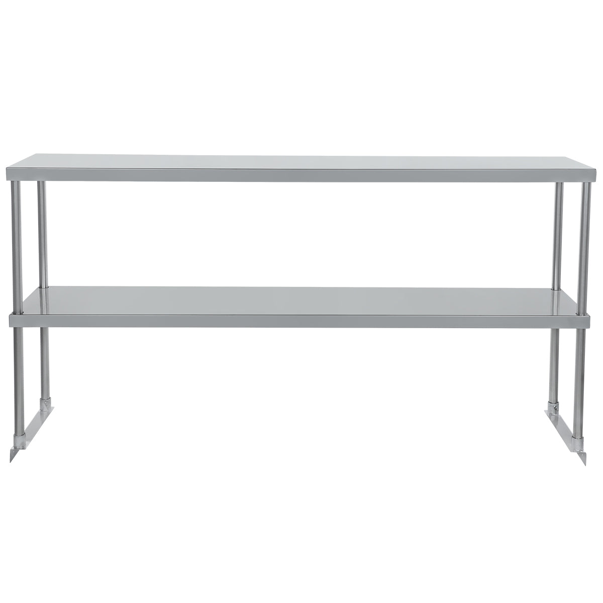 A stainless steel two-tier overshelf with a simple, rectangular design. This table-mounted unit features a flat top surface and a lower shelf, supported by four vertical metal posts at each corner for a modern industrial look.