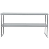 A stainless steel two-tier overshelf with a simple, rectangular design. This table-mounted unit features a flat top surface and a lower shelf, supported by four vertical metal posts at each corner for a modern industrial look.