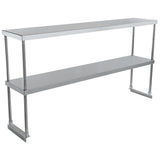 A long, rectangular table-mounted stainless steel overshelf with two levels and open sides, supported by vertical metal rods at each corner and in the middle. Designed for commercial kitchens, its smooth, reflective surface ensures easy cleaning.