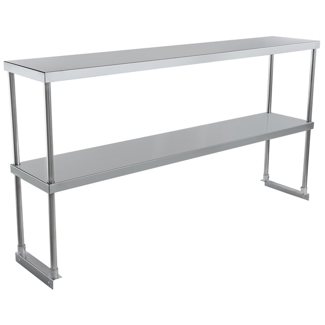 A long, rectangular table-mounted stainless steel overshelf with two levels and open sides, supported by vertical metal rods at each corner and in the middle. Designed for commercial kitchens, its smooth, reflective surface ensures easy cleaning.