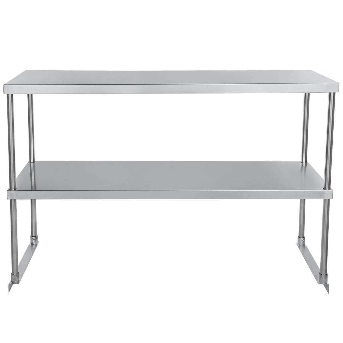 A stainless steel table with a flat rectangular top, four cylindrical legs, and a lower shelf for additional storage. This minimalistic, industrial table is ideal for kitchens or workspaces and can accommodate an Overshelf for added organization.