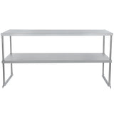 A stainless steel work table with four sturdy legs, a flat top surface, and a convenient table-mounted overshelf for extra storage. The simple, industrial design is shown against a plain white background.
