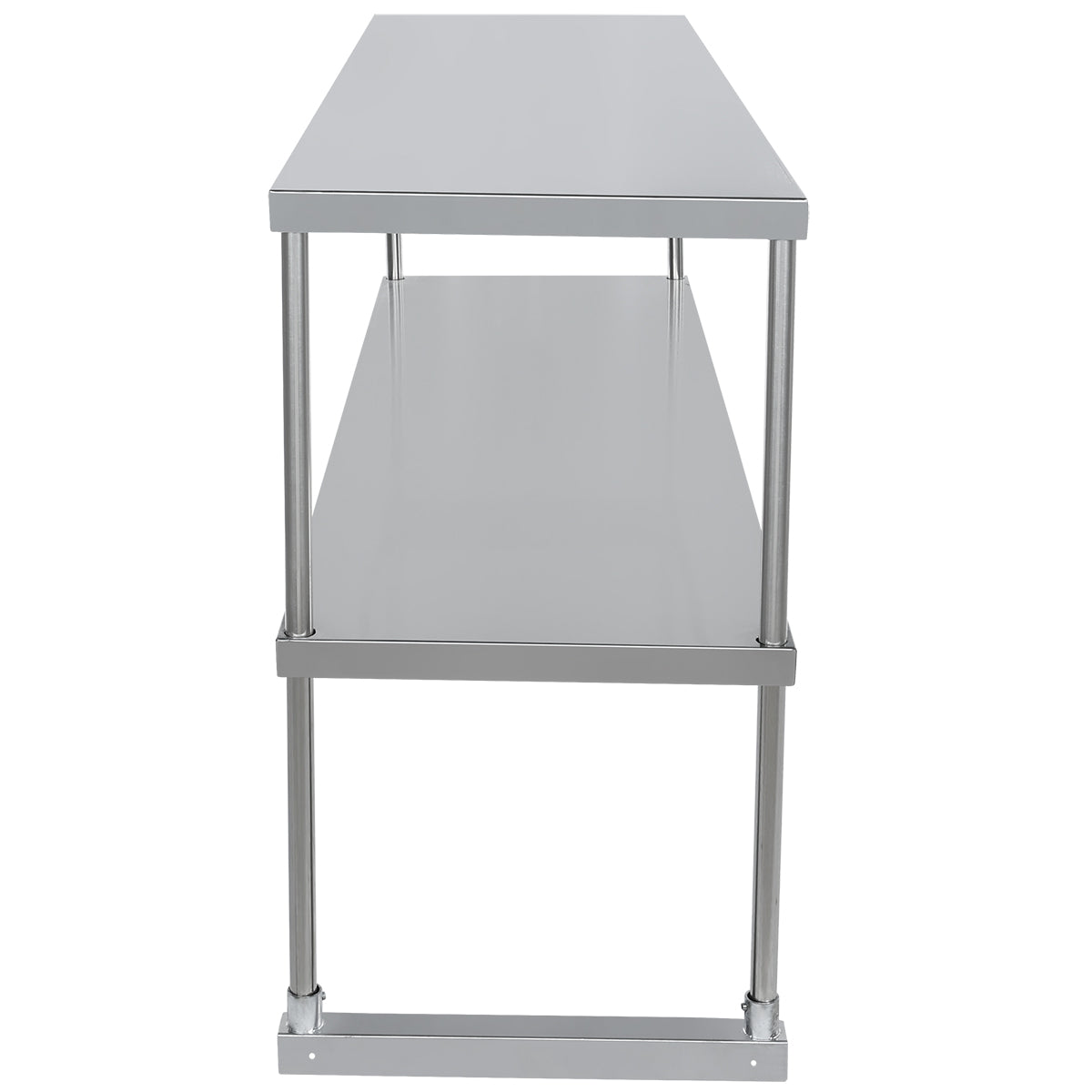 A stainless steel table viewed from the narrow end, featuring a table-mounted overshelf above two shelves supported by four cylindrical legs. The reflective surface and lower shelf provide sturdy storage in a sleek, rectangular design.