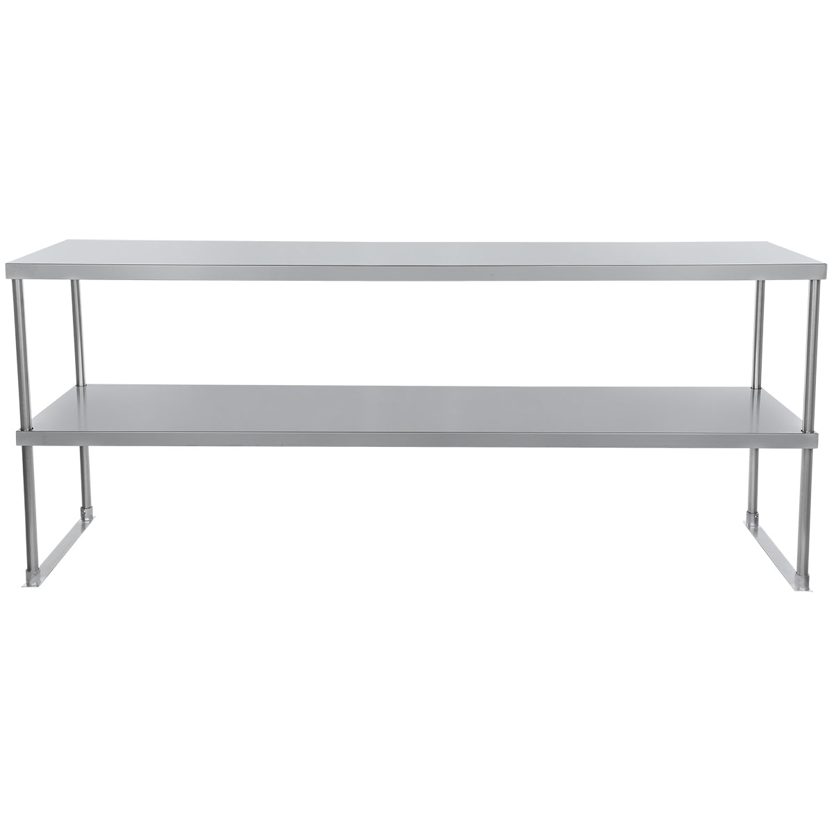 A plain, rectangular stainless steel table with a flat top surface and a lower shelf, supported by four straight metal legs. The table is minimalist and industrial in design, with a silver finish and open space beneath the lower shelf.