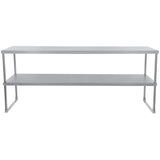 A plain, rectangular stainless steel table with a flat top surface and a lower shelf, supported by four straight metal legs. The table is minimalist and industrial in design, with a silver finish and open space beneath the lower shelf.