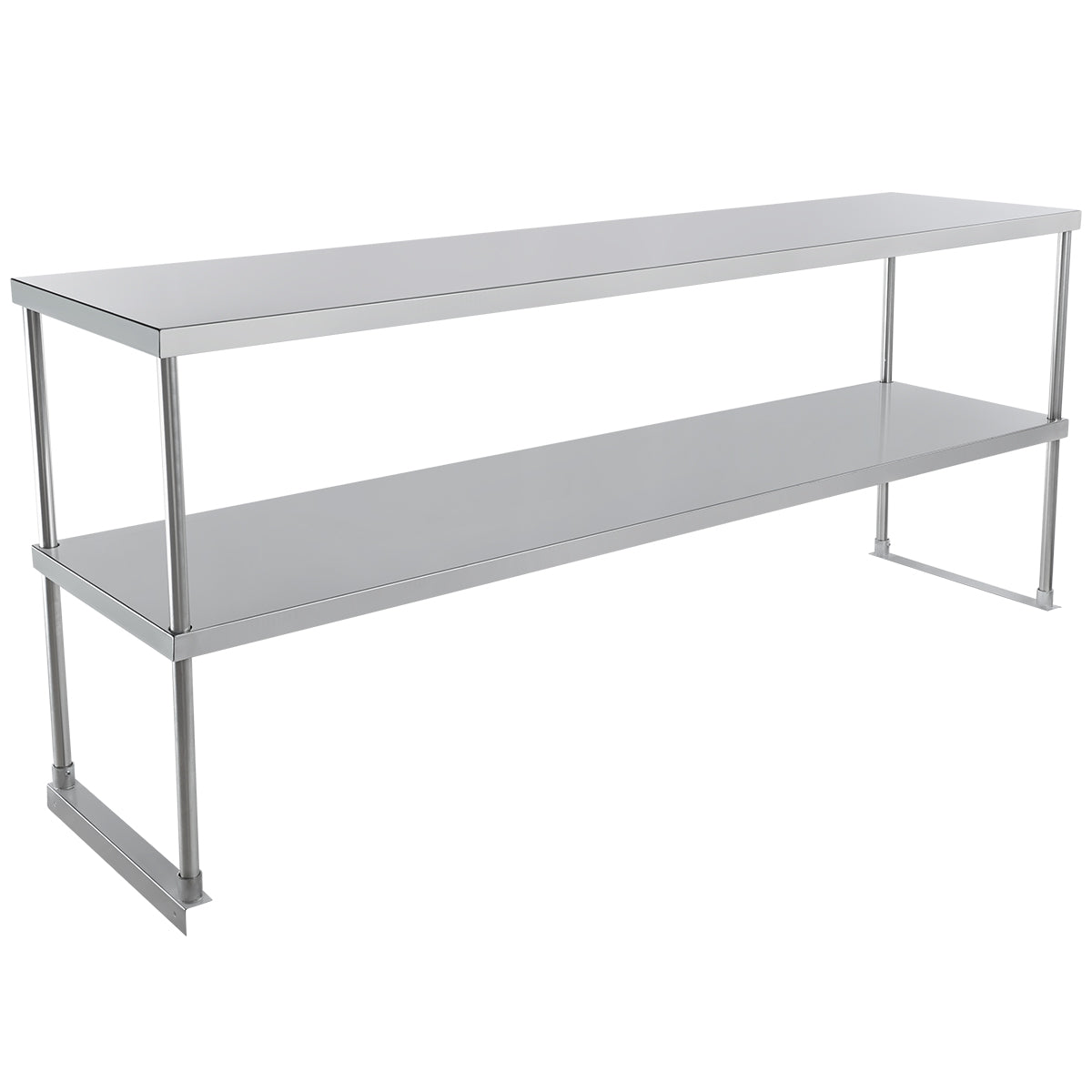 A long, rectangular stainless steel table with a flat top surface and a sturdy, table-mounted overshelf below for extra storage. Featuring four vertical legs, this piece offers a simple, industrial design ideal for efficient workspaces.
