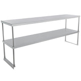 A long, rectangular stainless steel table with a flat top surface and a sturdy, table-mounted overshelf below for extra storage. Featuring four vertical legs, this piece offers a simple, industrial design ideal for efficient workspaces.