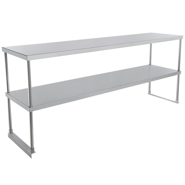 A long, rectangular stainless steel table with a flat top surface and a sturdy, table-mounted overshelf below for extra storage. Featuring four vertical legs, this piece offers a simple, industrial design ideal for efficient workspaces.