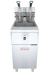 A commercial electric floor model fryer with a 40 lb capacity, featuring two wire baskets with green plastic handles. The front panel displays a power button and red “Empura” logo. This fryer stands on four legs and has a sleek, clean surface.