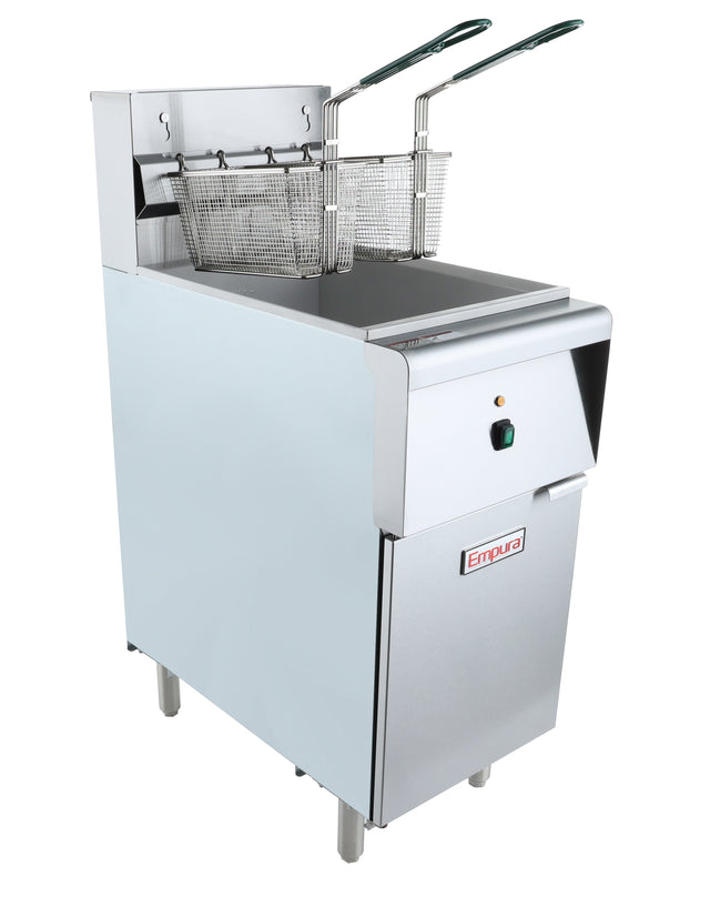 A Commercial Electric Fryer with a stainless steel body, two wire frying baskets with green handles, and a front control panel. This 40 lb Capacity Floor Model Fryer stands on four legs and features the Empura brand name on the front panel.