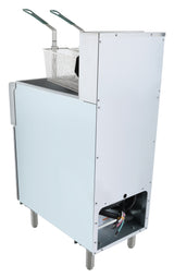 A commercial electric floor model fryer with a silver metal exterior, two wire frying baskets with green handles, and four legs. The back panel is partly open, revealing electrical wires and internal components. Set against a white background.
