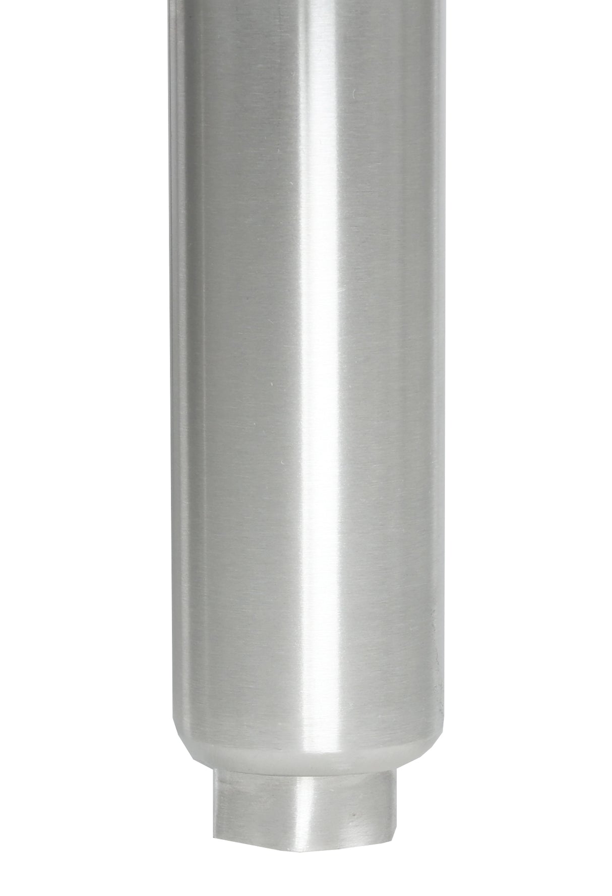 A close-up of a cylindrical, metallic object with a smooth, brushed silver finish—reminiscent of a Floor Model Fryer. The object tapers toward the bottom, ending in a flat, hexagonal base against a plain white background.