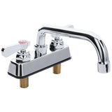 A modern, chrome-finished deck mount faucet with a high-arched swing spout and two handles. Its stainless appearance and brass mounting stems add durability, while the lever handle with a red marker indicates hot water control.