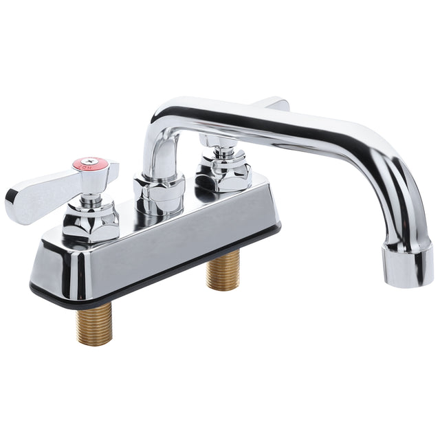 A modern, chrome-finished deck mount faucet with a high-arched swing spout and two handles. Its stainless appearance and brass mounting stems add durability, while the lever handle with a red marker indicates hot water control.