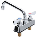 A chrome deck mount faucet with a high-arching swing spout and two lever handles, one blue for cold and one red for hot. The faucet base has two threaded, brass connections underneath for easy mounting and water supply.