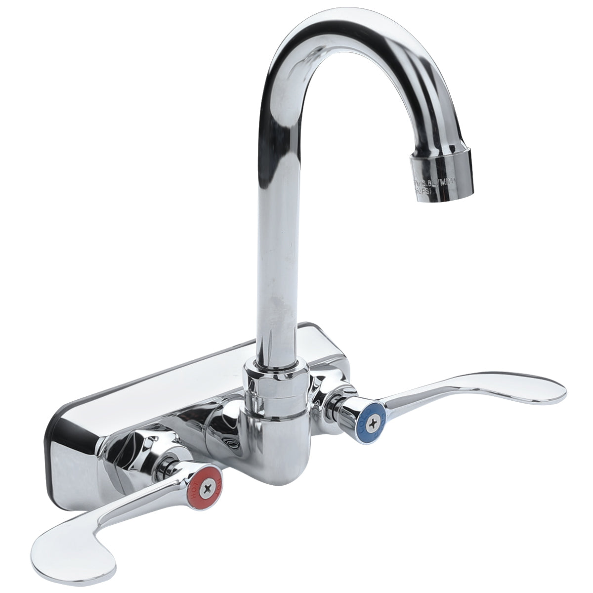 A shiny, stainless wall mount faucet with a tall swivel gooseneck spout and two wide, flat handles. The left handle has a red marker for hot water, while the right features a blue marker for cold. The background is plain white.