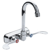 A shiny, stainless wall mount faucet with a tall swivel gooseneck spout and two wide, flat handles. The left handle has a red marker for hot water, while the right features a blue marker for cold. The background is plain white.