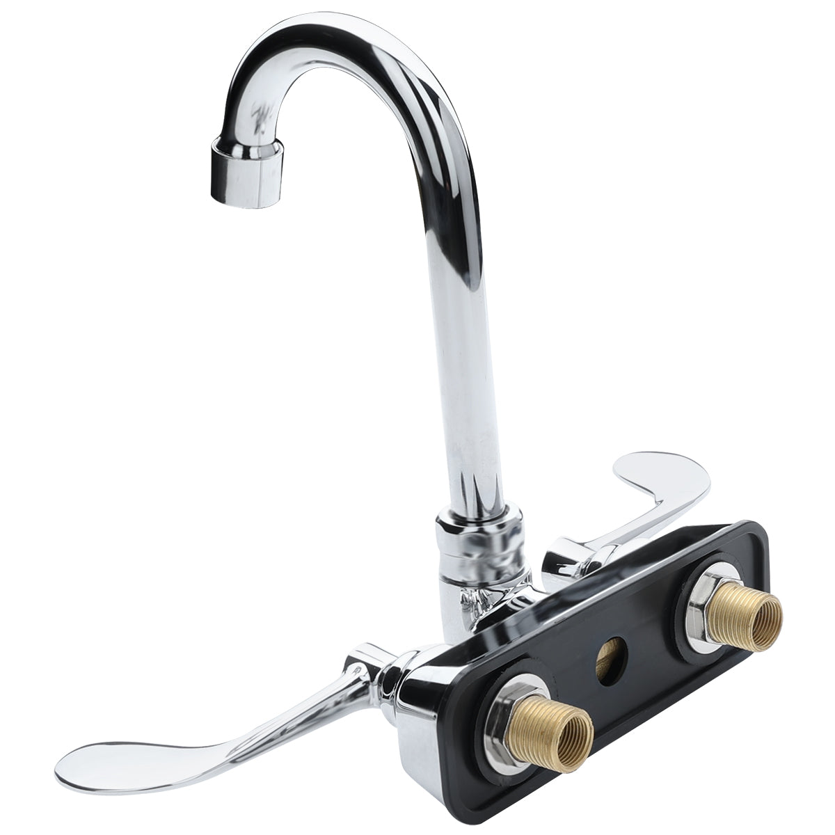 A shiny stainless kitchen faucet with a swivel gooseneck spout and two long, curved lever handles. The base has two exposed brass threaded pipe connections for installation, set against a plain white background.