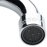 Close-up of a shiny, stainless swivel gooseneck spout with a mesh aerator at the end. Some engraved text with numbers and letters is visible on the side near the aerator. The background is white and uncluttered.