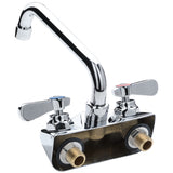 A chrome-plated wall mount faucet with two handles—blue for cold, red for hot. It features stainless threaded brass inlets for connection and a high swing spout for added convenience in the kitchen.