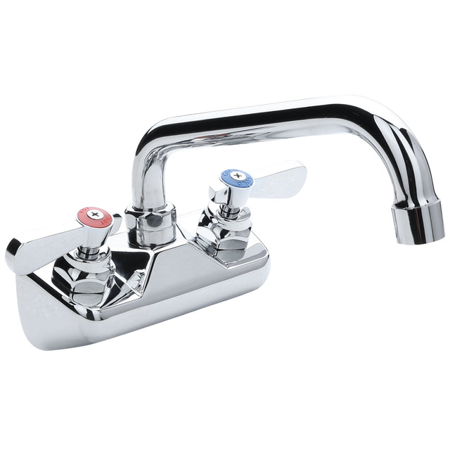 A shiny chrome wall mount faucet with a high curved swing spout and two handles. The left handle has a red cap for hot water, and the right a blue cap for cold. Both feature flat, wing-like levers for easy turning.