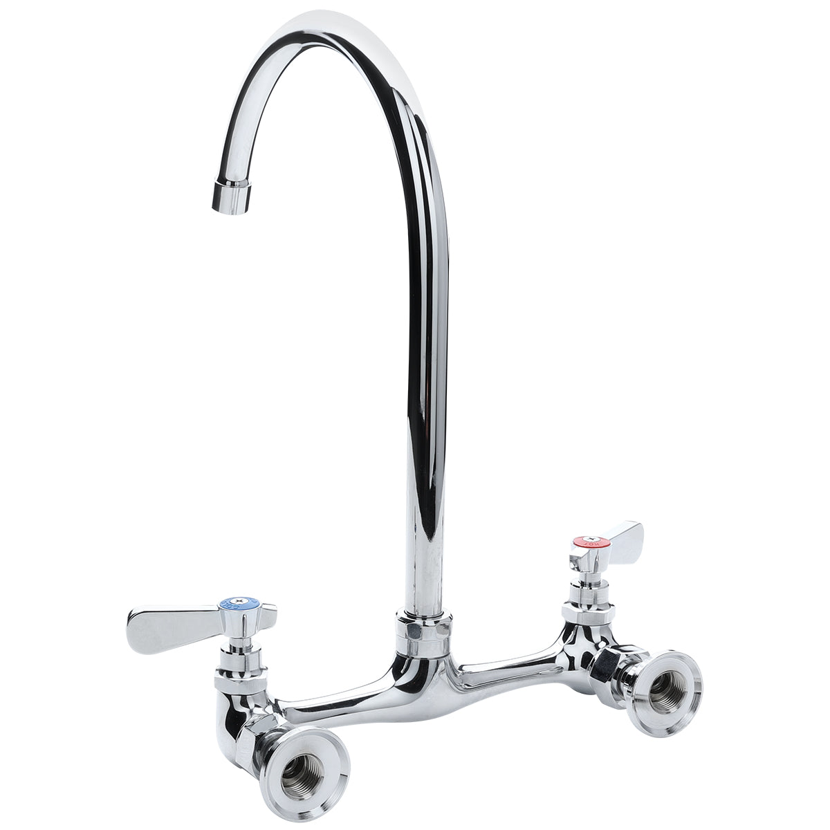 A shiny Empura Stainless kitchen faucet with a high, swivel gooseneck spout and two separate lever handles—blue for cold, red for hot. The base features two inlets for plumbing, ideal as a Wall Mount Faucet.