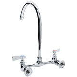 A shiny Empura Stainless kitchen faucet with a high, swivel gooseneck spout and two separate lever handles—blue for cold, red for hot. The base features two inlets for plumbing, ideal as a Wall Mount Faucet.
