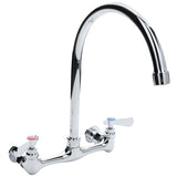 A shiny chrome Empura Stainless kitchen faucet features a swivel gooseneck spout and two separate lever handles—left with a red marker for hot, right with a blue marker for cold. The faucet mounts to a horizontal surface.