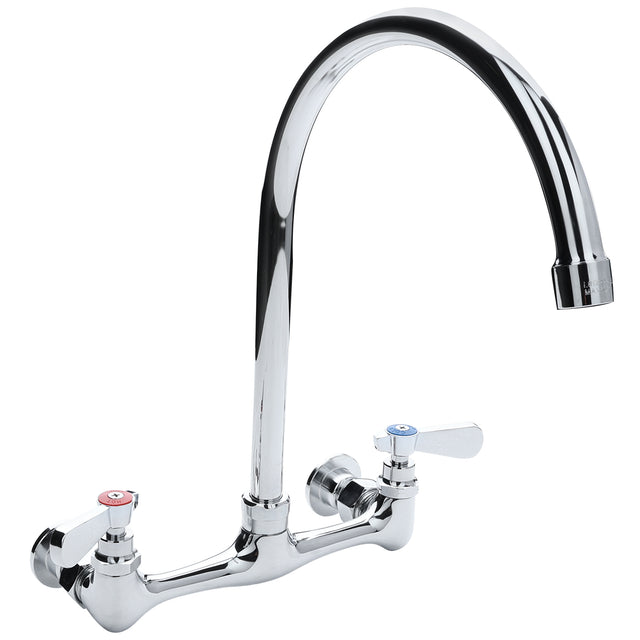 A shiny chrome Empura Stainless kitchen faucet features a swivel gooseneck spout and two separate lever handles—left with a red marker for hot, right with a blue marker for cold. The faucet mounts to a horizontal surface.