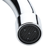 Close-up of an Empura Stainless wall mount faucet featuring a shiny swivel gooseneck spout. Focus is on the round aerator with a honeycomb mesh pattern, with the curved neck set against a plain white background.