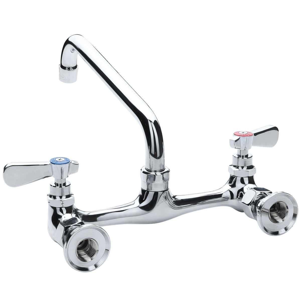 A chrome-plated wall mount faucet with a high-arched swing spout and two lever handles. The left handle has a blue cap for cold water, and the right has a red cap for hot. Threaded pipe fittings at the base ensure easy installation.