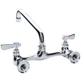 A chrome-plated wall mount faucet with a high-arched swing spout and two lever handles. The left handle has a blue cap for cold water, and the right has a red cap for hot. Threaded pipe fittings at the base ensure easy installation.