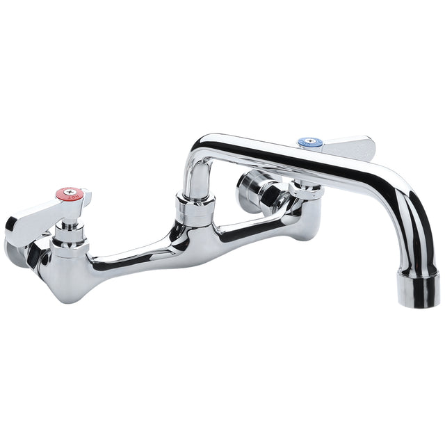 A shiny, stainless wall mount faucet with two separate lever handles—one red for hot and one blue for cold. The curved swing spout extends forward and downward, making it perfect for installation above a sink.