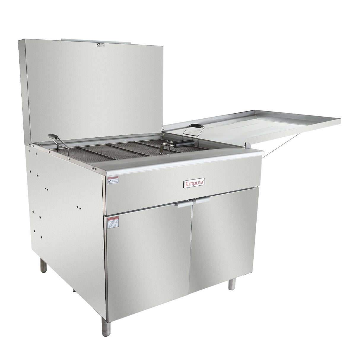 A commercial stainless steel Empura donut fryer with 220 lb oil capacity, featuring two baskets, an open lid, sturdy legs, a right-side tray, and two cabinet doors below. Ideal for high-volume frying and compatible with liquid propane setups.