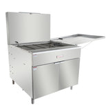 A commercial stainless steel Empura donut fryer with 220 lb oil capacity, featuring two baskets, an open lid, sturdy legs, a right-side tray, and two cabinet doors below. Ideal for high-volume frying and compatible with liquid propane setups.