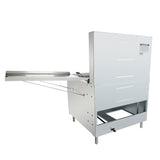 A large industrial donut fryer with a vertical rectangular body, an open base, and an extended flat conveyor arm on the left. Standing on four legs, it features a warning label on the upper right and boasts a 220 lb oil capacity for high-volume use.