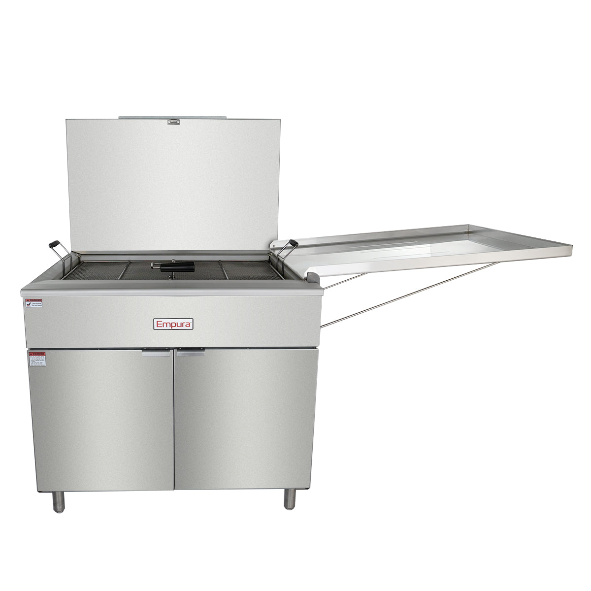 A commercial stainless steel Empura tilting braising pan with an open lid, similar in design to a large donut fryer. The unit has two doors, stands on four legs, and features a clean, reflective surface—compatible with liquid propane.
