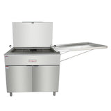 A commercial stainless steel Empura tilting braising pan with an open lid, similar in design to a large donut fryer. The unit has two doors, stands on four legs, and features a clean, reflective surface—compatible with liquid propane.