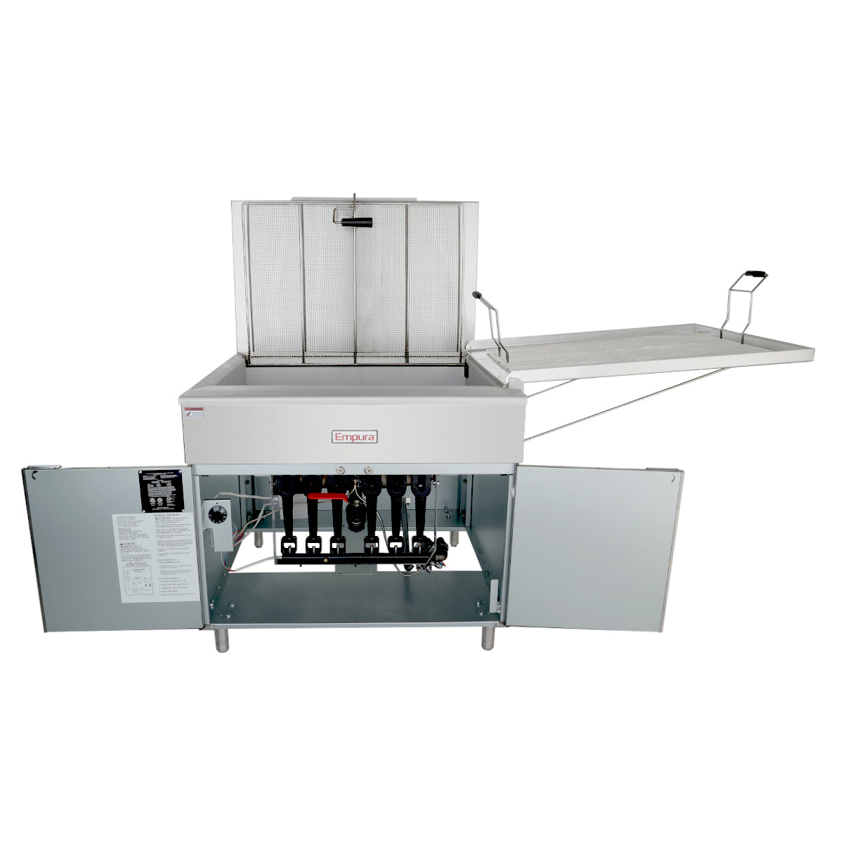 A commercial donut fryer with an open cabinet below showing valves and controls, a lifted fryer lid, and a fold-out wire rack on the right. The stainless steel Empura model operates on liquid propane and boasts a 220 lb oil capacity.