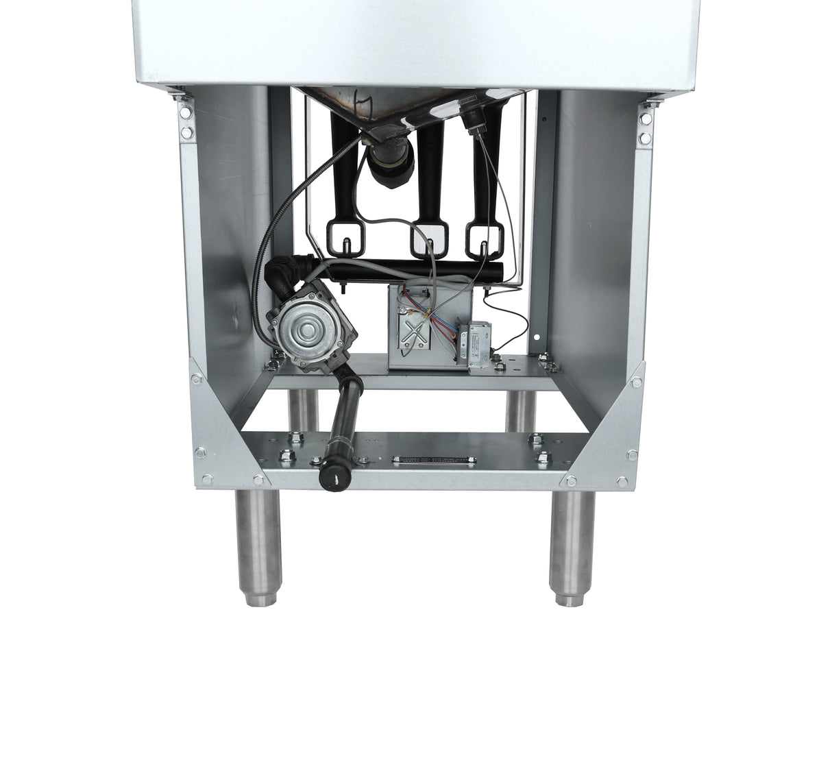 Close-up view of the underside of a 40 lb capacity commercial gas fryer, showing two sturdy metal legs, gas burner assembly, pipes, wiring, and control components inside an open stainless steel compartment.
