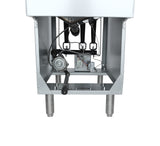 Close-up view of the underside of a 40 lb capacity commercial gas fryer, showing two sturdy metal legs, gas burner assembly, pipes, wiring, and control components inside an open stainless steel compartment.