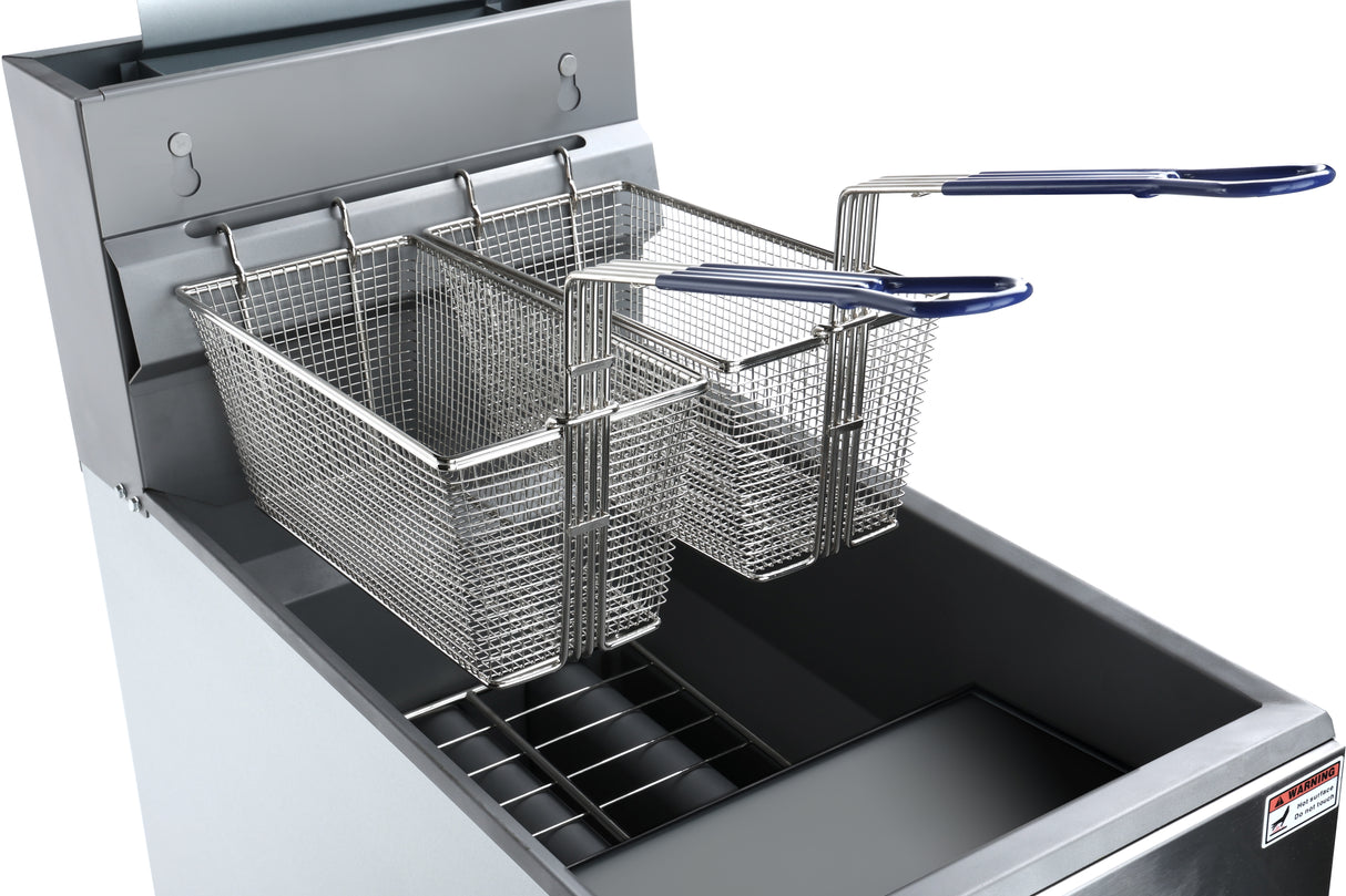A close-up view of a 40 lb capacity commercial gas fryer with two rectangular metal baskets, each with a blue plastic-coated handle, positioned above the oil reservoir inside the stainless steel fryer. The baskets are empty and the fryer appears clean and unused.